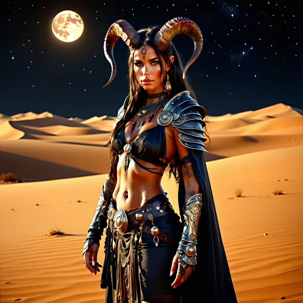 AI generated: A detailed and atmospheric illustration, full body shot of a young beautiful European female horned ...