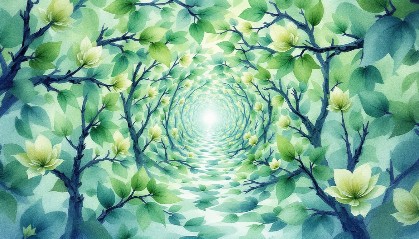 AI generated: water color work, fractals, symmetric work, pastel colors, a straight infinite tunnel of dense green...