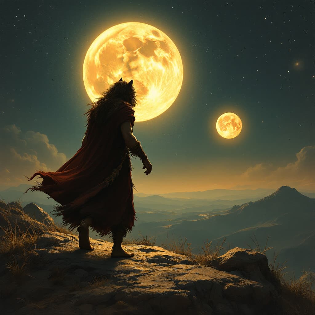 AI generated: A loin walking on moon and viewing a sun 