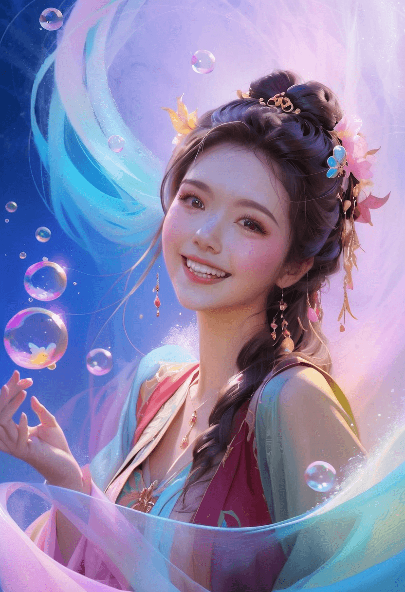 AI generated: a girl, laughing, surrounded by  colorful water bubbles