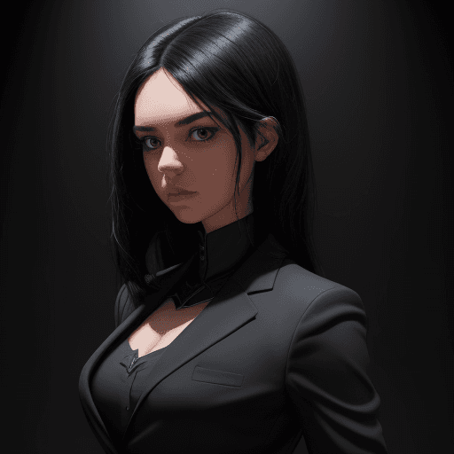 AI generated: A   girl  black hair and wearing a black suit, not realistic, detailed, studio lighting,this girl su...