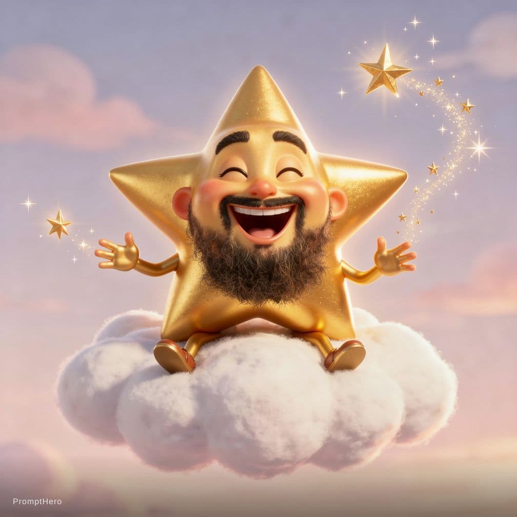 AI generated: "Whimsical 3D animation of a glowing golden star character sitting on a fluffy white cloud. The star...