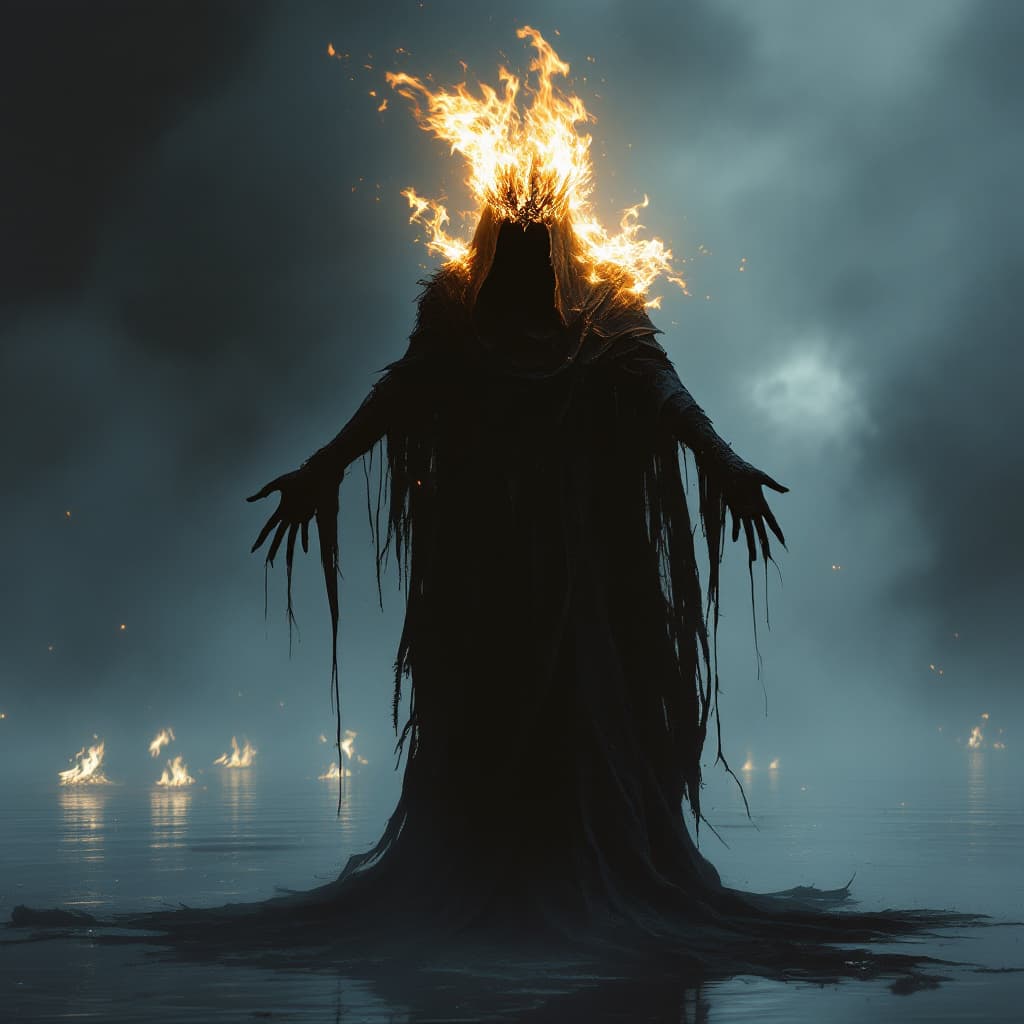 AI generated: full body photograph of an ethereal white and black ghost woman with crown made of fire, standing in...