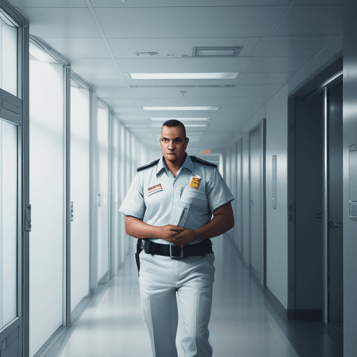 AI generated: High resolution photography, 
security guard, hospital, space