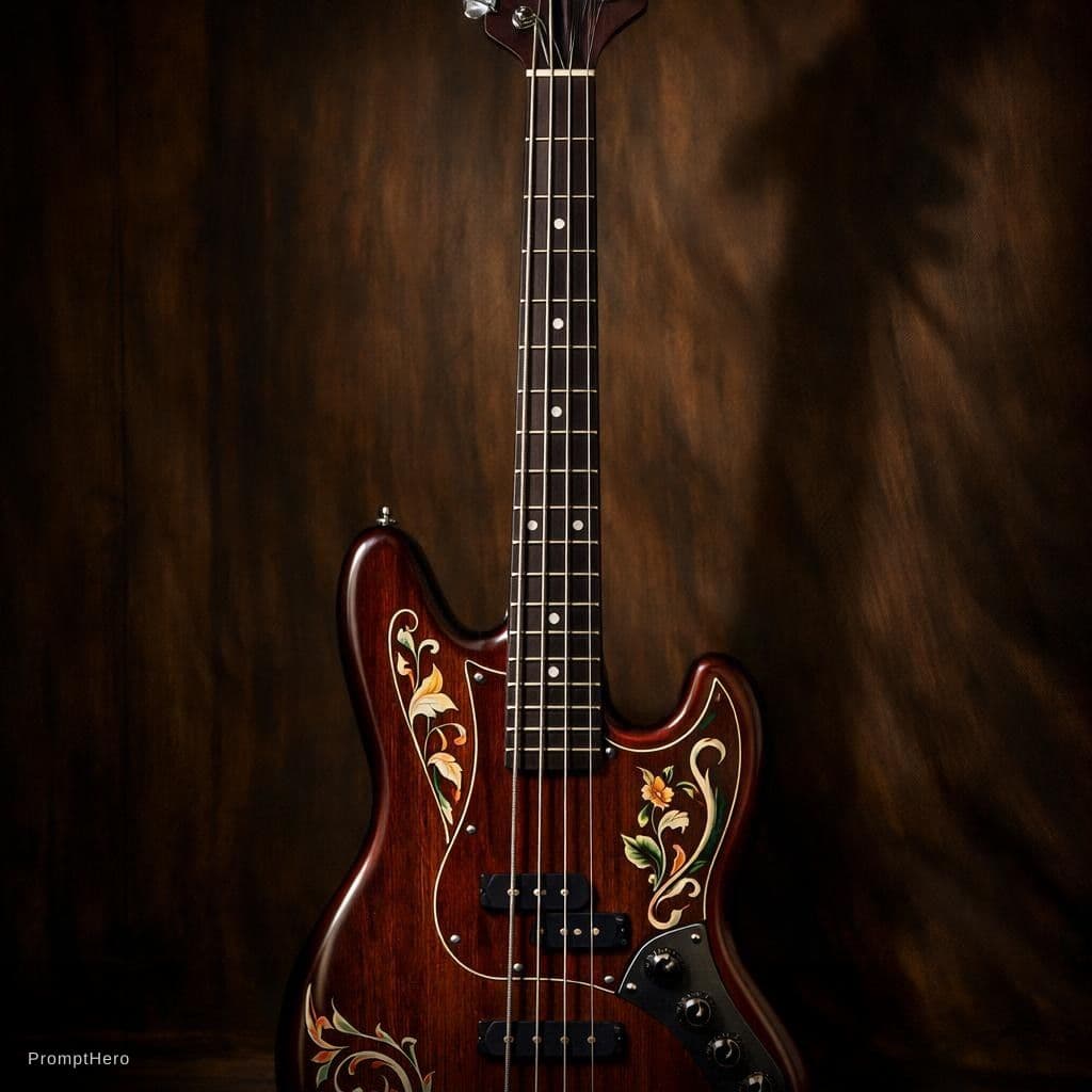 AI generated: A front full-length photo of a 4-string bass featuring a Fender Jaguar-style body with a rich mahoga...