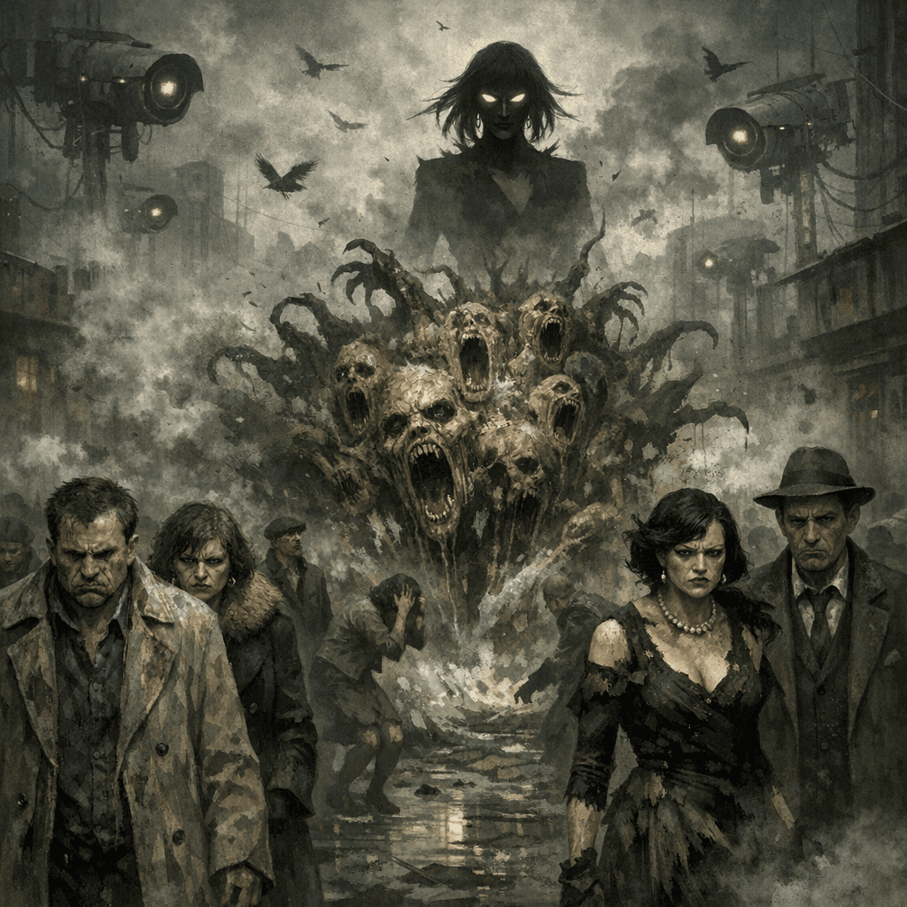 AI generated: In a surrealist dystopia, where the eerie ambiance of looming surveillance and terror prevails, the ...