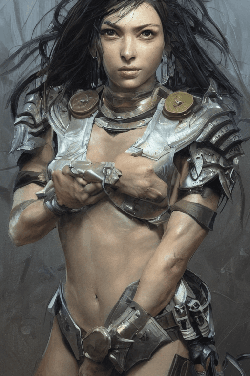 AI generated: a professional painting of a beautiful young female, partially clothed in battle armor, olive skin, ...