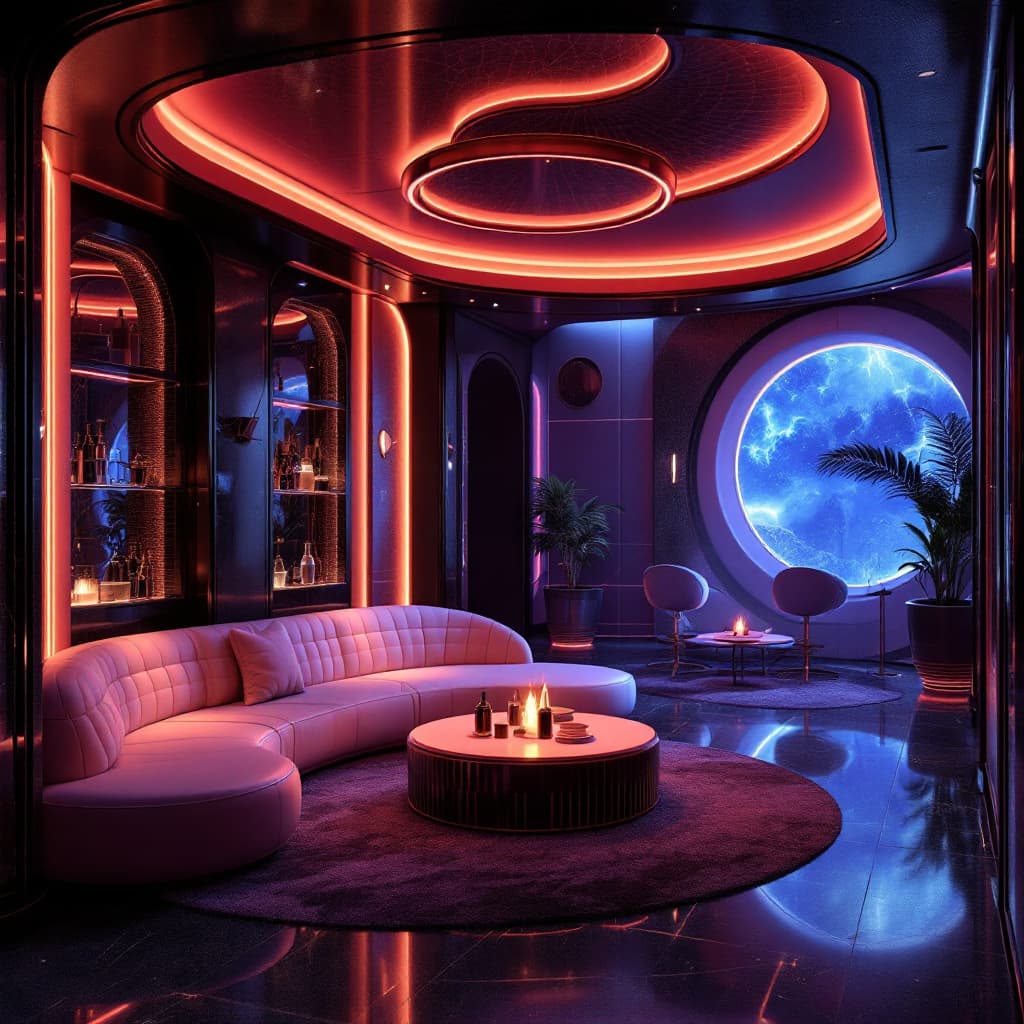 AI generated: generate an ultra realistic image of a futuristic plush VIP club lounge—think luxurious, neon-lit, s...