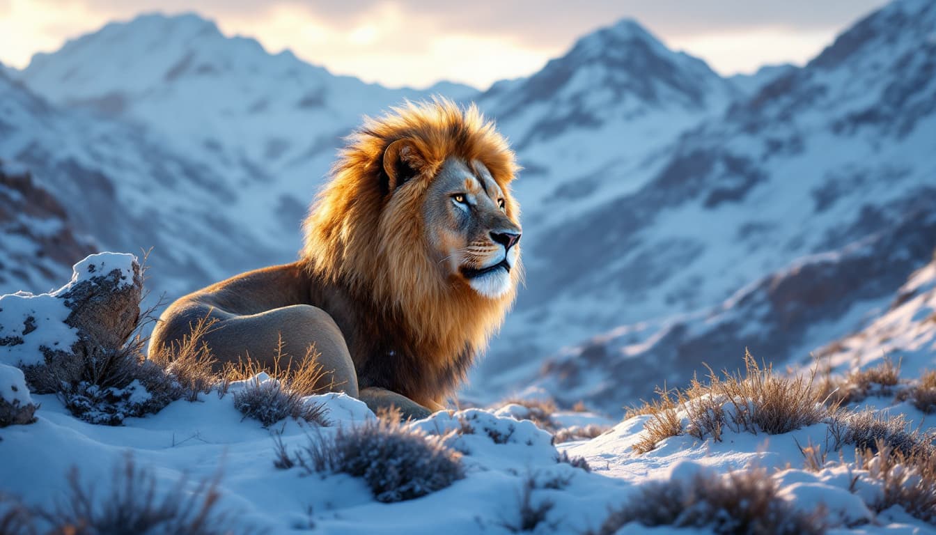 AI generated:  lion in snow mountain