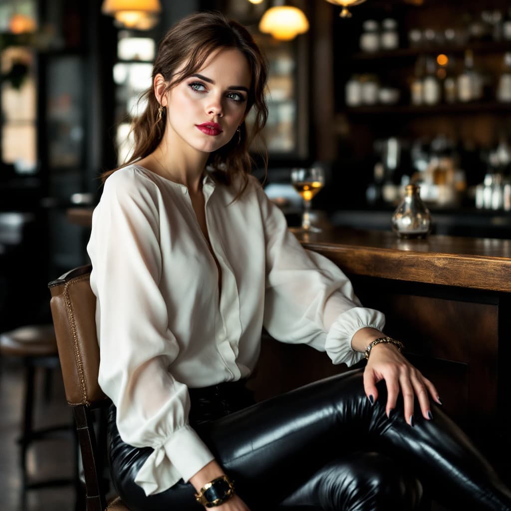 AI generated: Emma Watson in a white blouse, shiny black leggings and high heels. She is sitting in a bar, looking...