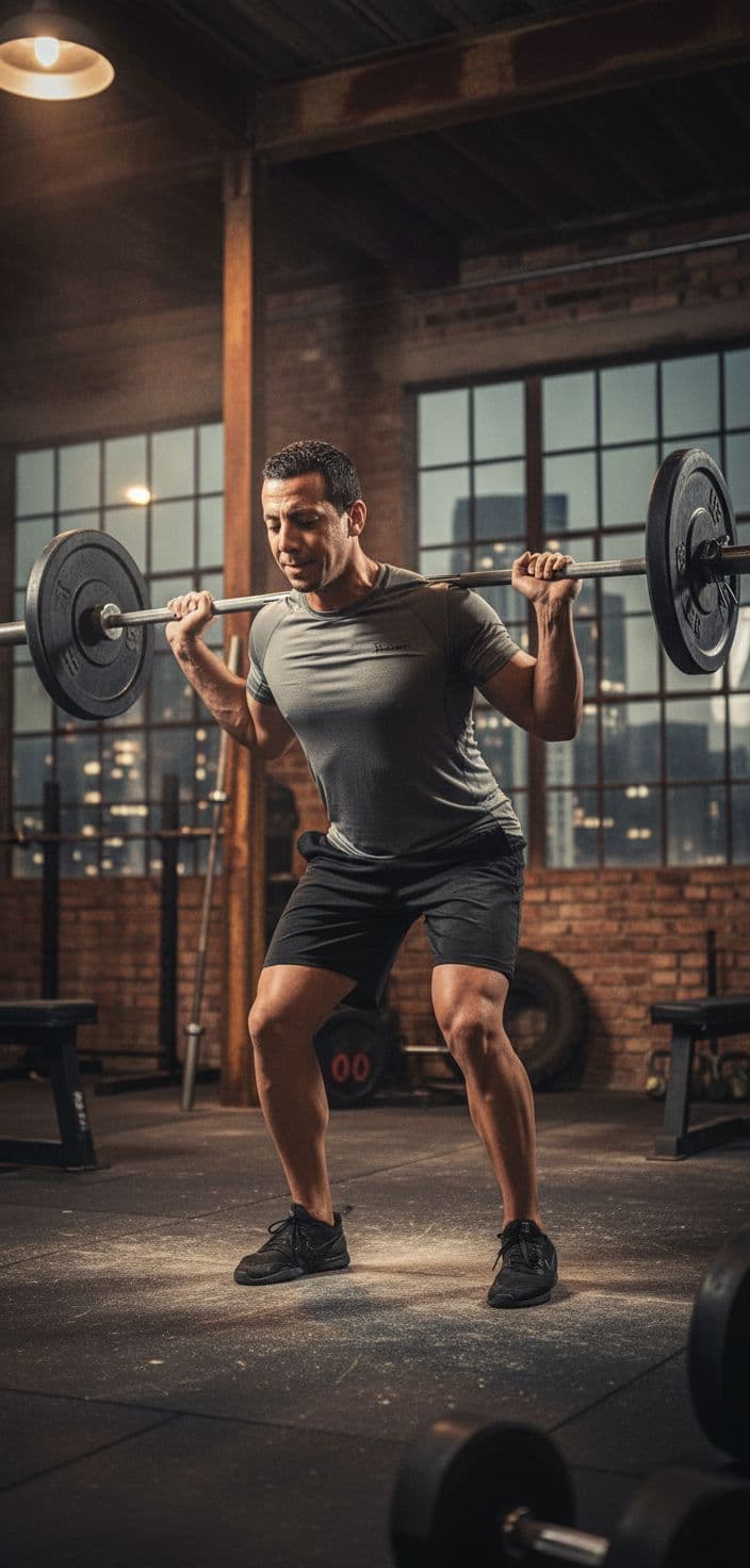 AI generated: Foto realista de un hombre levantando pesas en un gimnasio industrial, músculos tensos, sudor visibl...