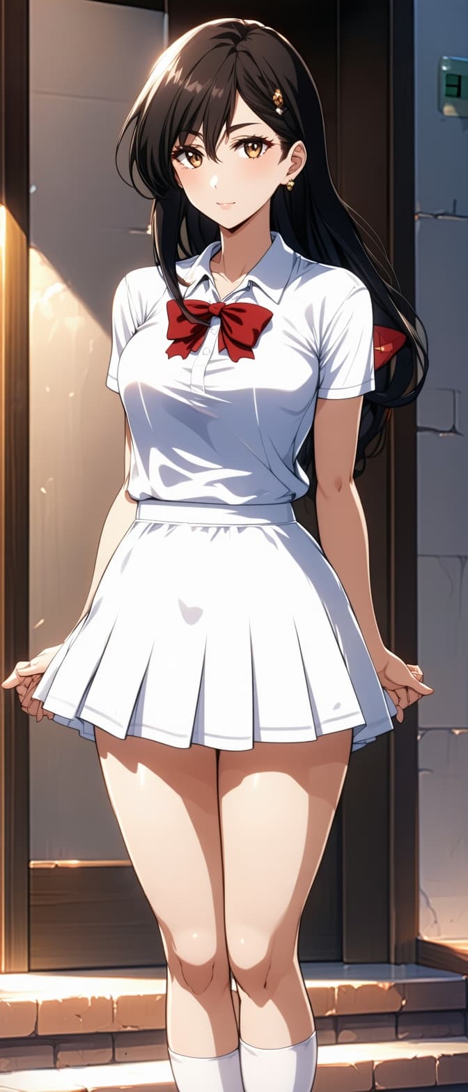 AI generated: Full body image of a beautiful Anime girl in white school uniform, manhwa style, princess core, tigh...