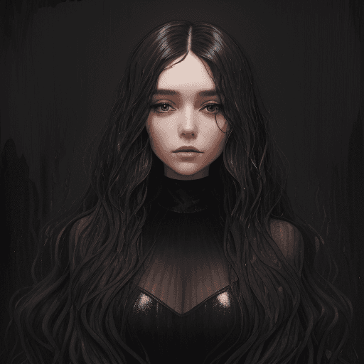 AI generated: a beautiful young woman in black with long hair, in the style of textural layers, reefwave, light br...