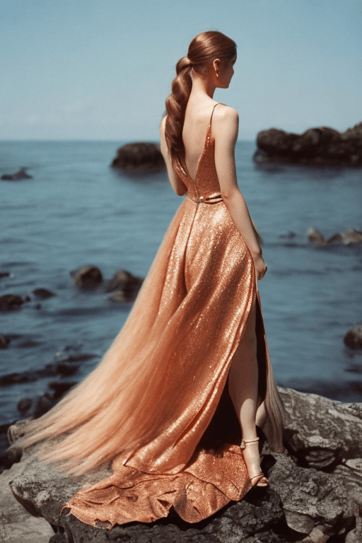 AI generated: looking over the shoulder of the copper long hair woman in a an elegant luxury dress designed by Dio...