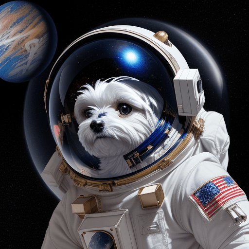 AI generated: Cute Maltese male dog, dressed in an astronauts suit, background of a distant galaxy full of planets...