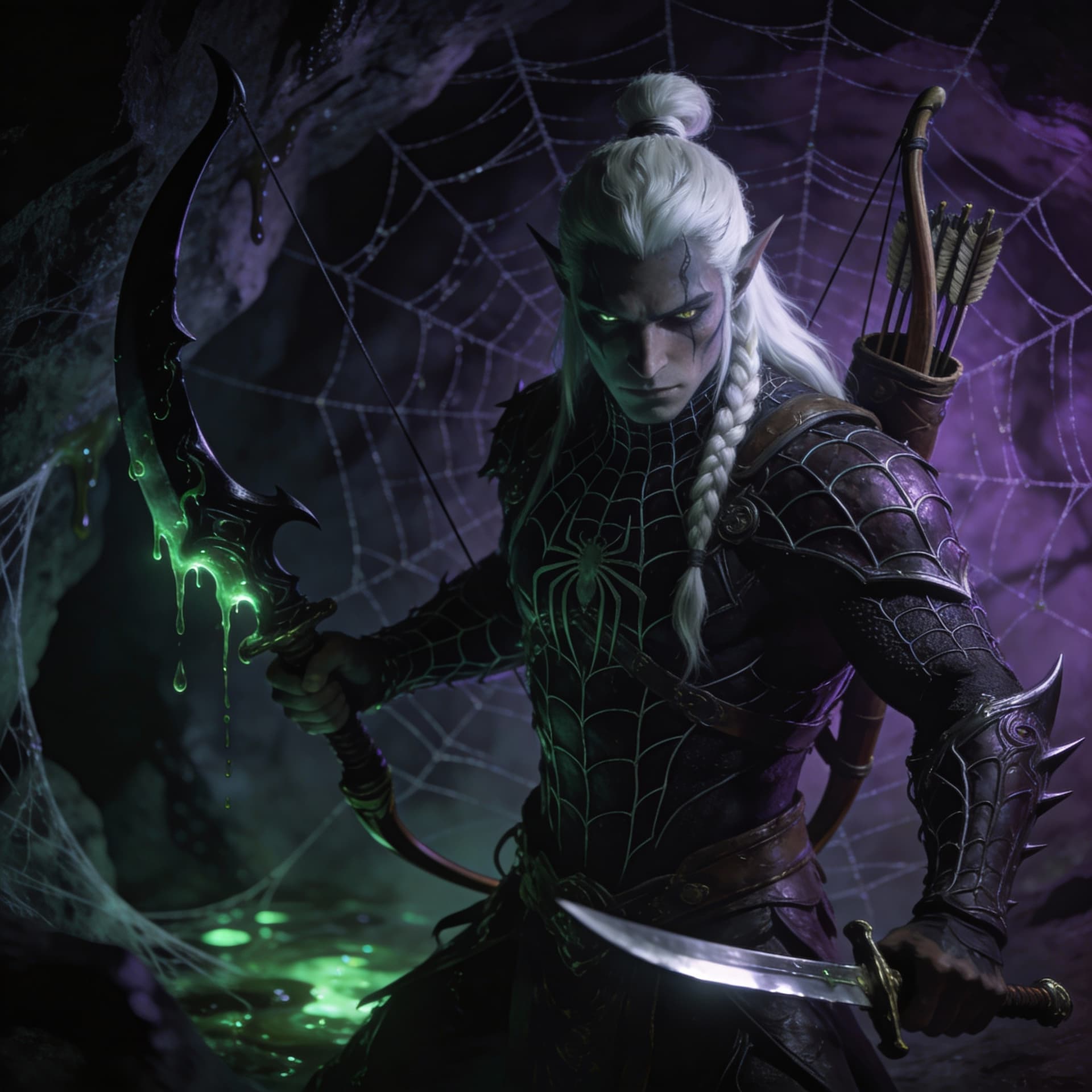 AI generated: a dark drow male elf, long whit hair in a top knot braid, wearing spiderlike leather armor, short bo...