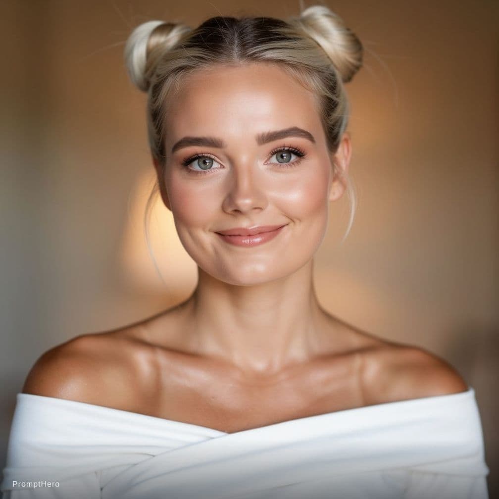 AI generated: A portrait of a smiling young, slim waste woman with grey eyes, dark blond hair, very natural makeup...