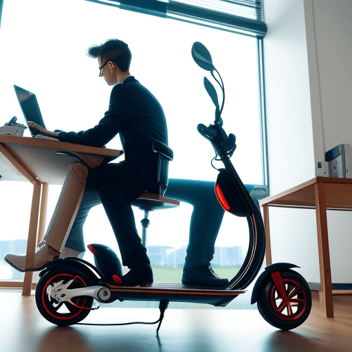 AI generated: Electric scooter plugged in and charging in an office work. With a man working at his desk