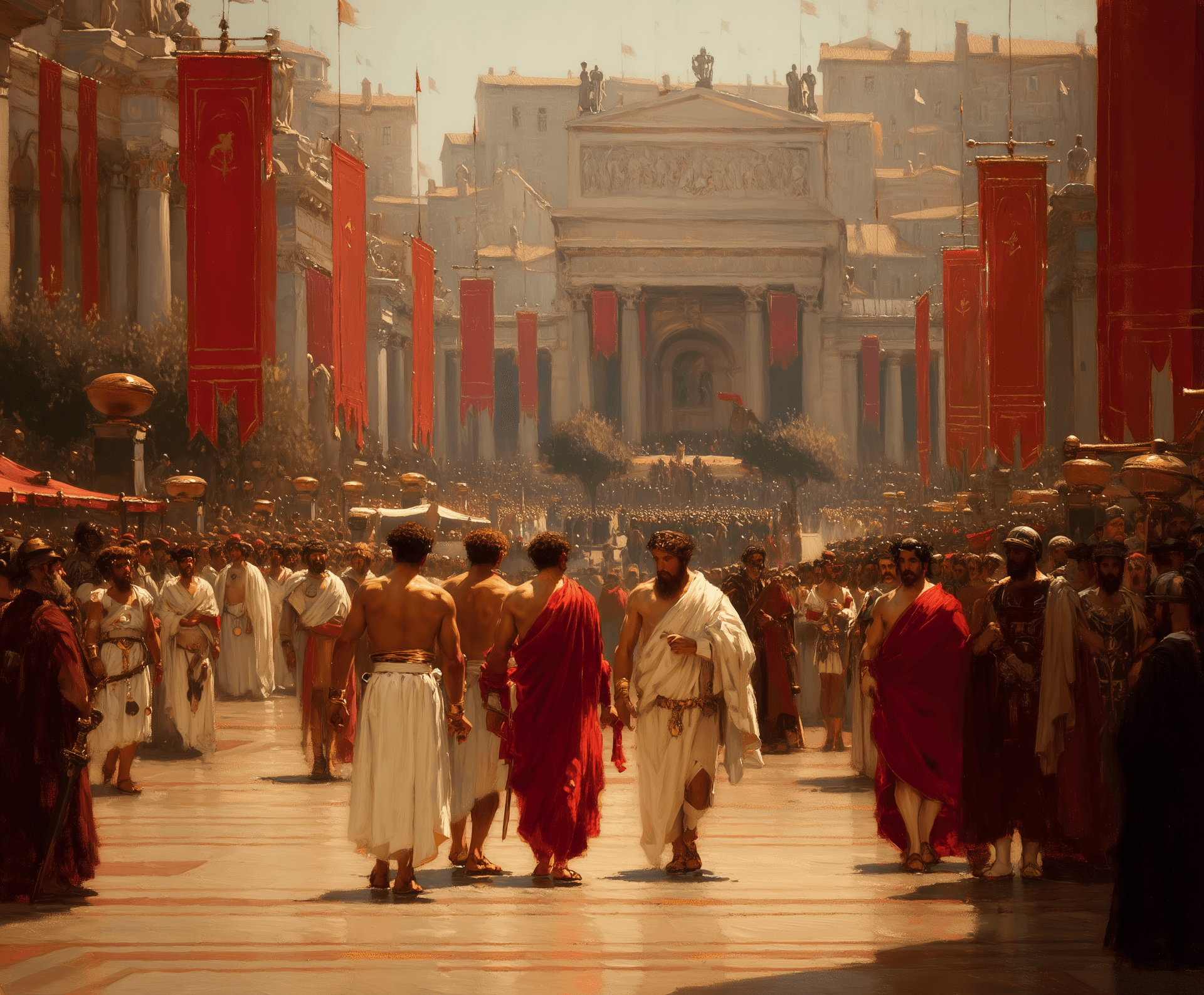 AI generated: group of men in ancient rome 16:9 --chaos 40 --ar 6:5 --style raw --profile 8dtrl7a --stylize 450 --...