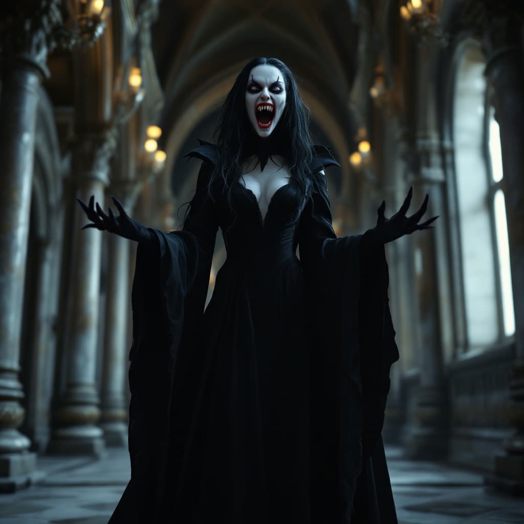 AI generated: female vampire, a vampire woman nosferatu 
with enormously long incisors with her mouth open, reveal...