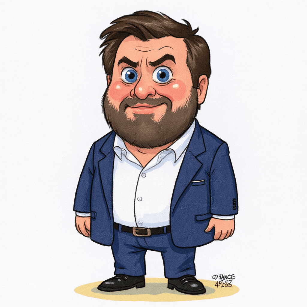 AI generated: Create a funny, full body shot caricature of JD Vance, a sneaky character, male, 45 years old, exagg...