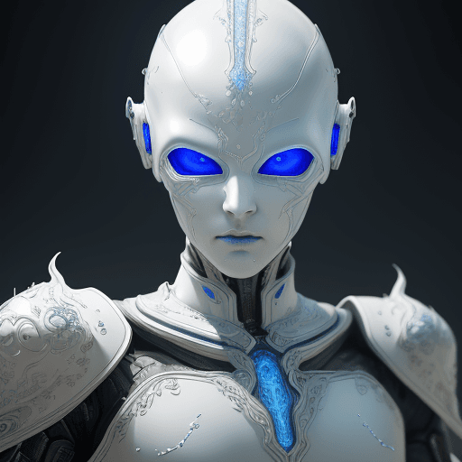 AI generated: humanoid android, covered in white porcelain skin, blue eyes, white wispy ghost wearing ornate armou...