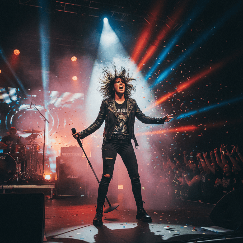 AI generated: powerful female rock singer on stage, expressive face, wild tousled hair, leather jacket, dramatic s...
