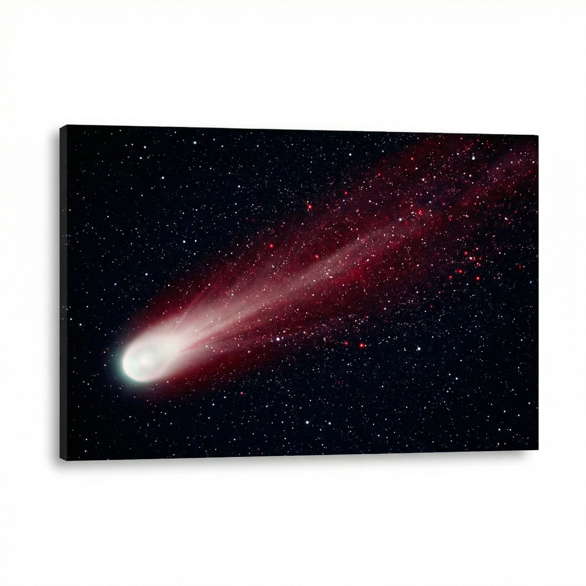 AI generated: a pearl white comet with a long blood red tail with white and red sparkles sprinkling off of it in t...