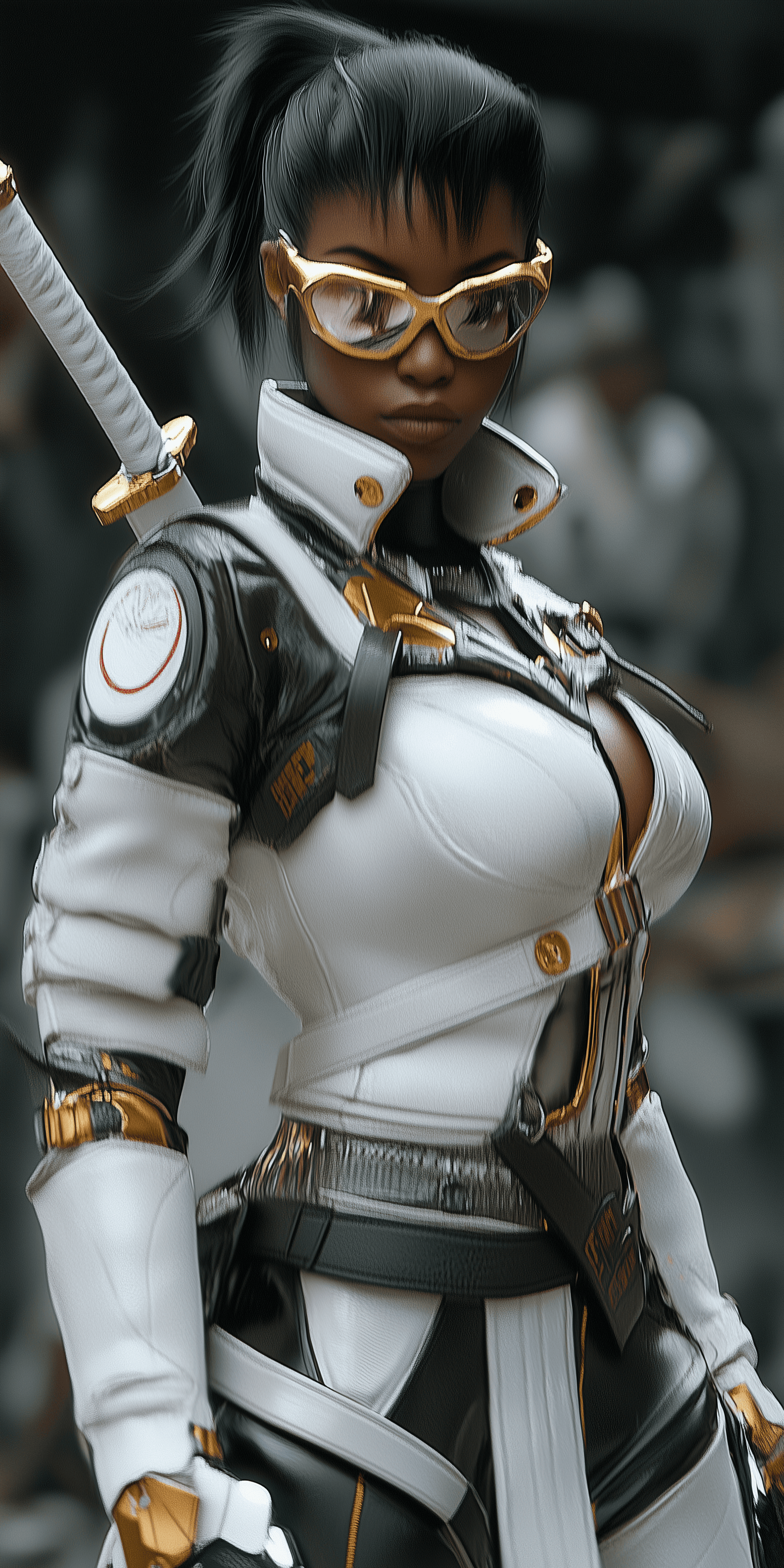 AI generated: A Black woman wearing white and gold ninja armor, holding a katana sword in a dark fantasy world, wi...
