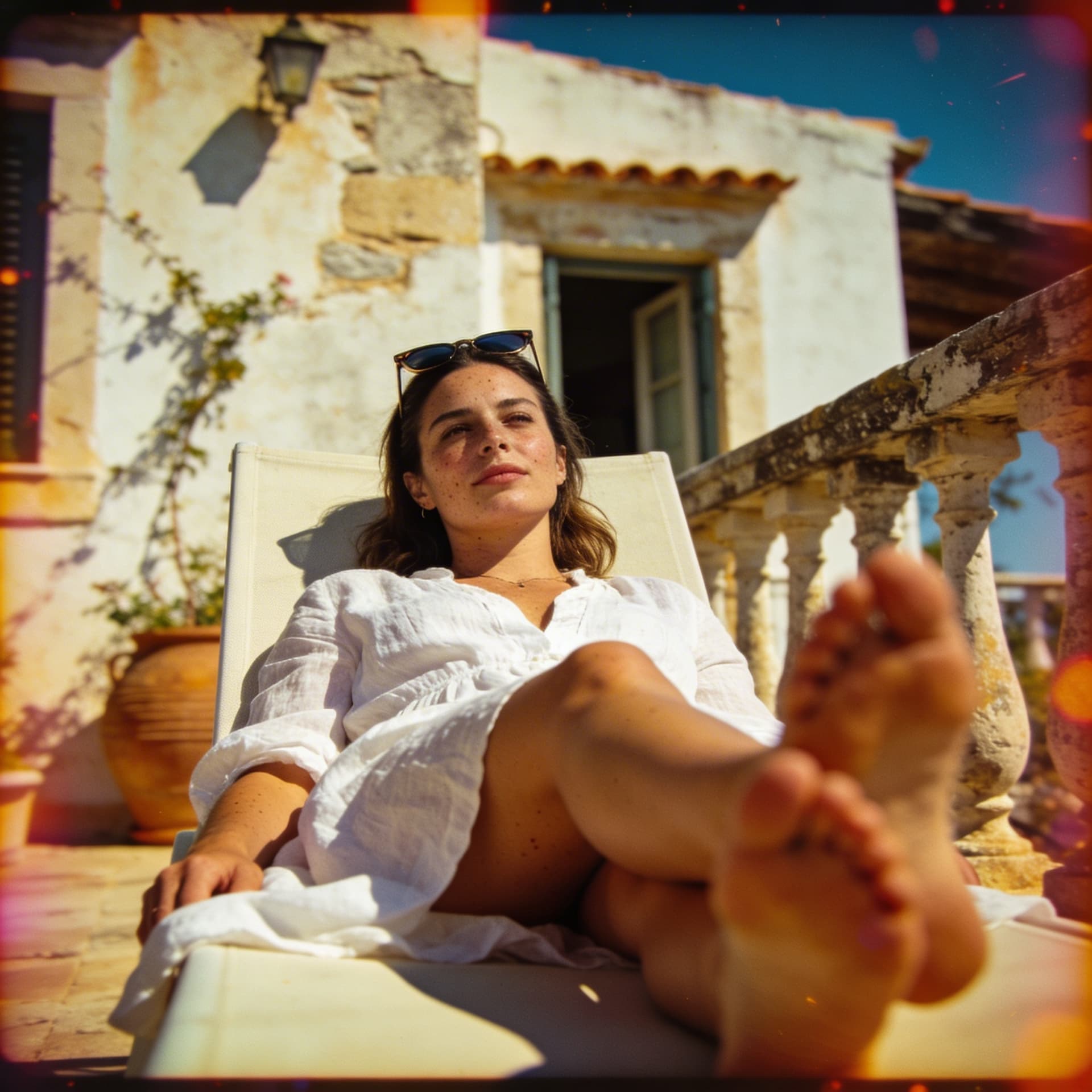AI generated: 
Style: fashion-magazine, relaxed candid lifestyle private vacation, old house, sunbath, Mediterrane...