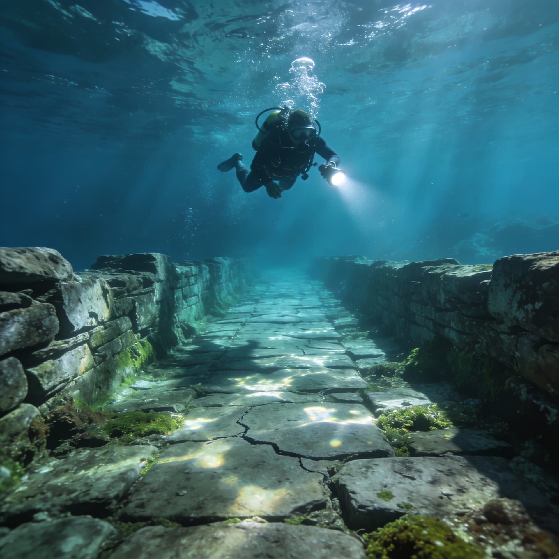 AI generated: an ancient path with side walls,no outer walls, located inside an ocean, containing a diver inside