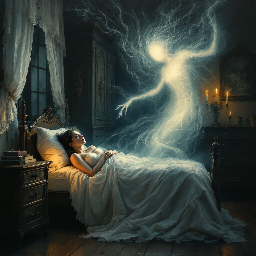 AI generated: Create an award-winning oil painting that captures the eerie yet mesmerizing presence of a wispy spi...