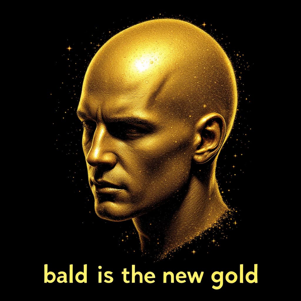 AI generated: Image of head, must be fully gold, bald, shiny around the head, with text "bald is the new gold", bl...