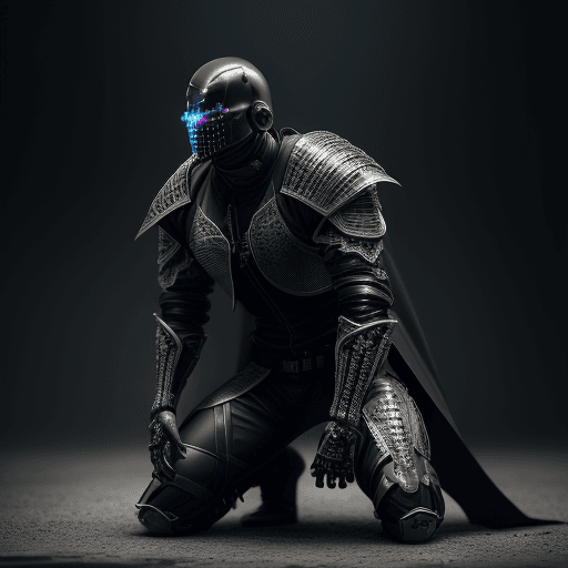 AI generated: kneeling dog pitbull knight,hyperrealistic futuristic soldier wearing cyberpunk venom jacket black d...
