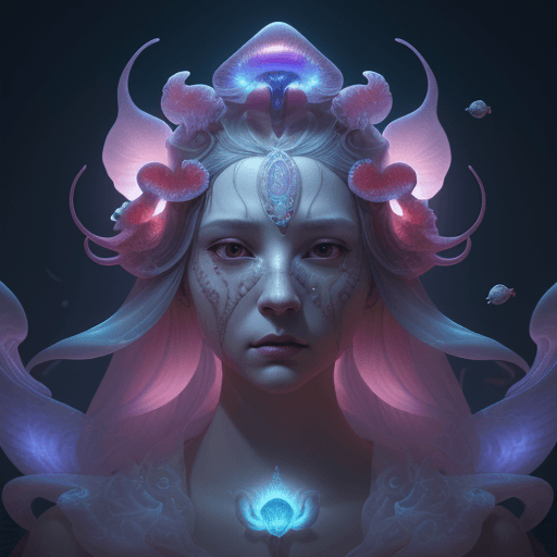 AI generated: Goddess close-up portrait ribcagel. jellyfish phoenix head, nautilus, orchid, skull, betta fish, bio...