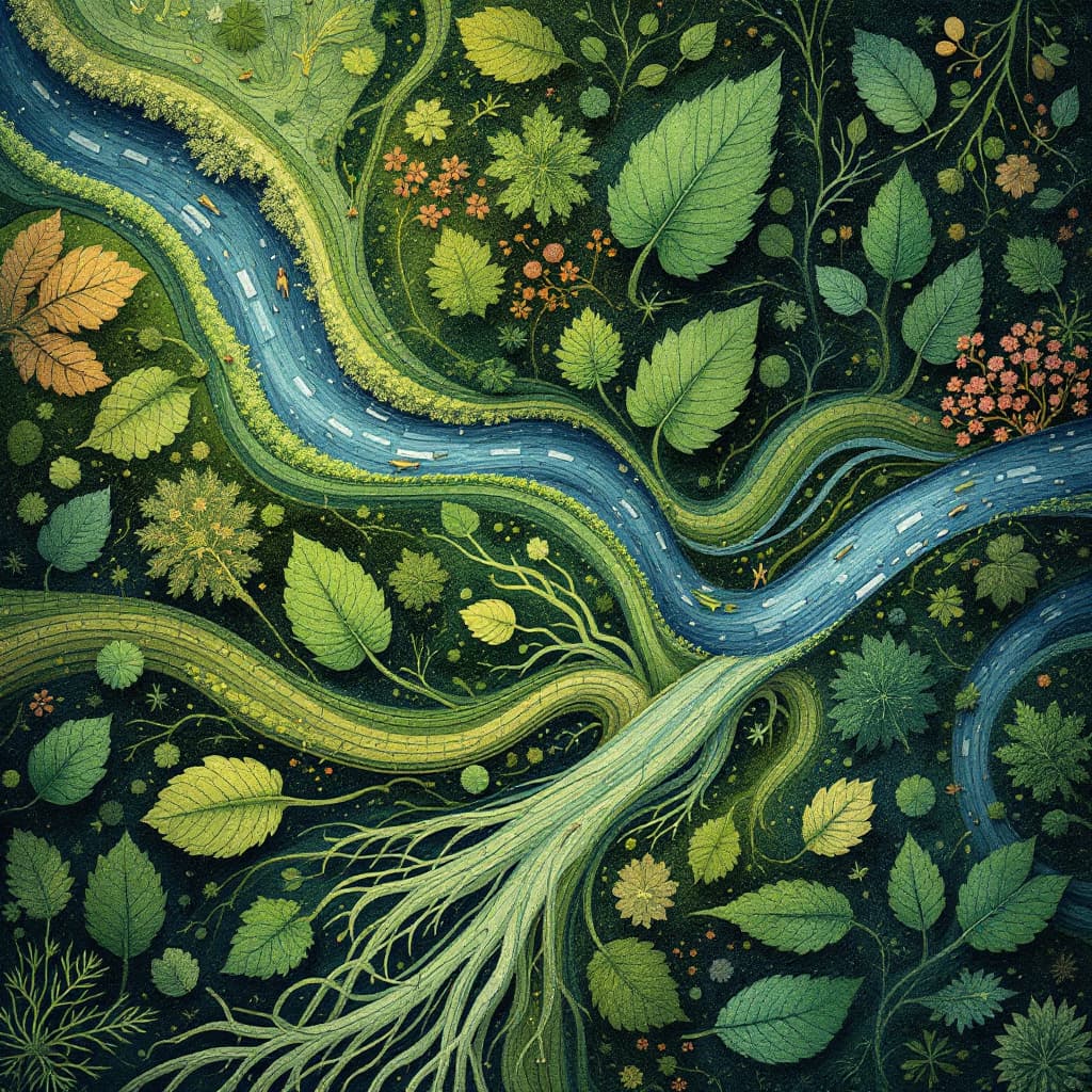 AI generated: i need a arty abstraction of parts of nature like leafs or roots, or even rivers that transport the ...