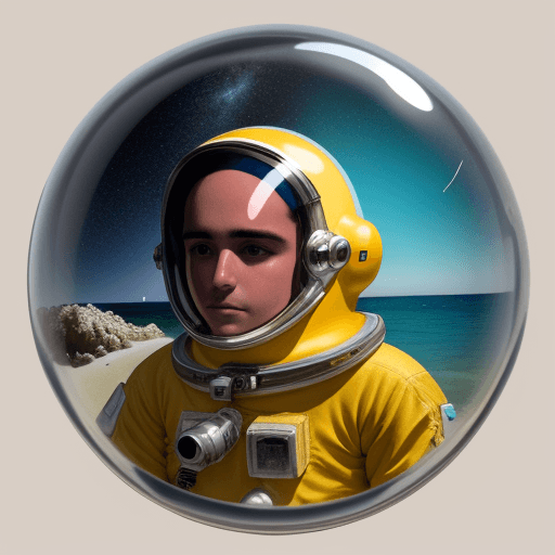 AI generated: pez dorado, mar,  con casco de astronauta 
