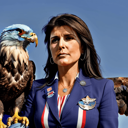 AI generated: nikki haley petting a large eagle with a red right wing, a blue left wing, vertical red and white st...