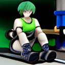 AI generated: woman with short green hair in a gym uniform sitting with her feet up in a gym storeroom with a tiny...