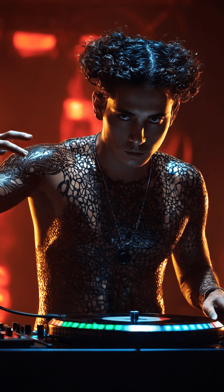 AI generated: A DJ with naked torso and tattoo entertainment at a vibrant party nightclub, cinematic lights, fashi...