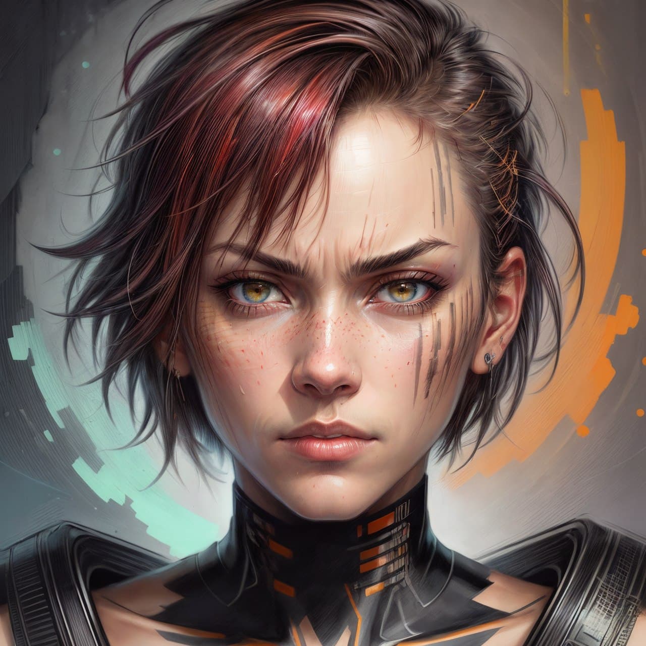 AI generated: close up shot, portrait, centered, cinematic shot, carne Griffiths, Conrad Roset, android middle-age...