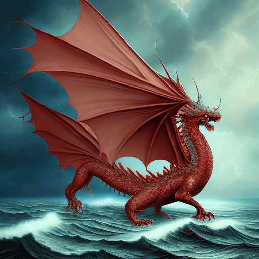 AI generated: red dragon under the stormy sky by sam robinson, in the style of tatiana suarez, harmonious color pa...