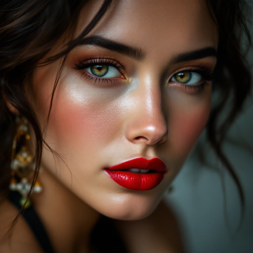AI generated: A close-up color portrait of a very pretty woman with thin nose and red lipstick, the woman's face h...