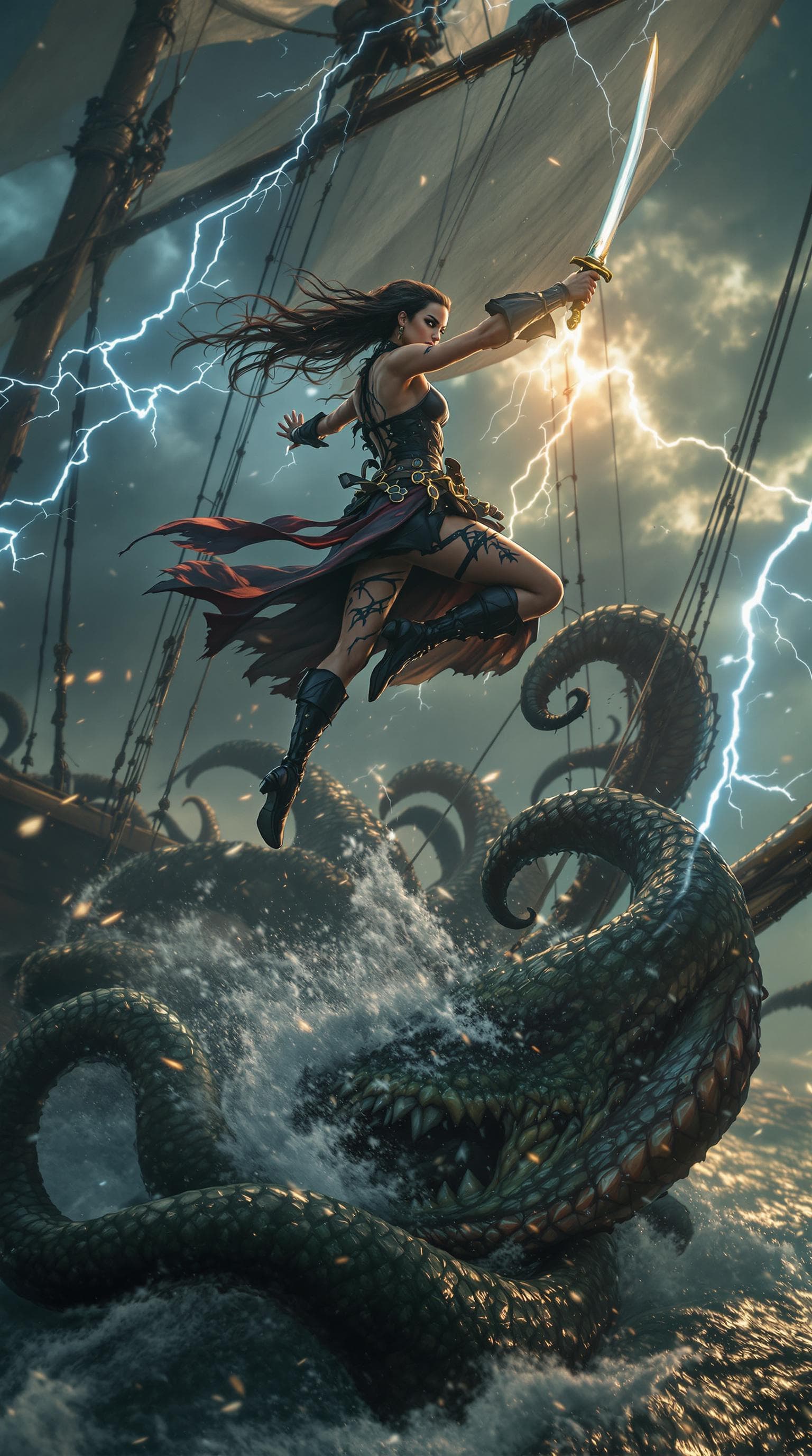 AI generated: Movie quality Side view Action scene: Amidst the tempestuous Caribbean sea, a beautiful but fierce a...
