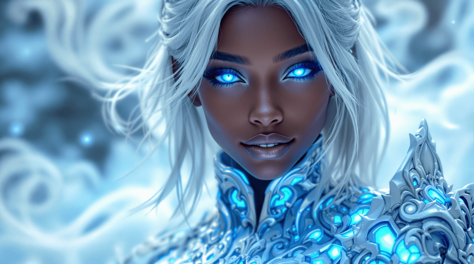 AI generated: Close-up portrait of a young, dark-skinned female figure, with striking, glowing blue eyes and a sub...