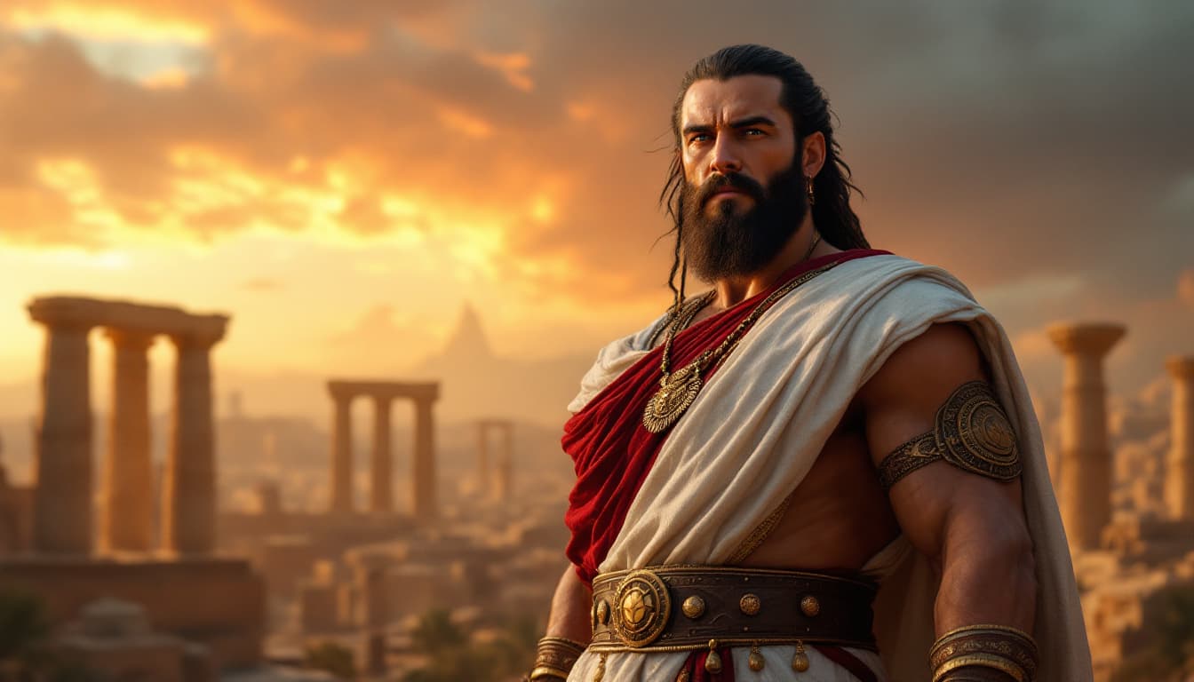 AI generated: "A cinematic portrait of a 35-year-old man styled as a leader of the 'Ad civilization, depicted with...