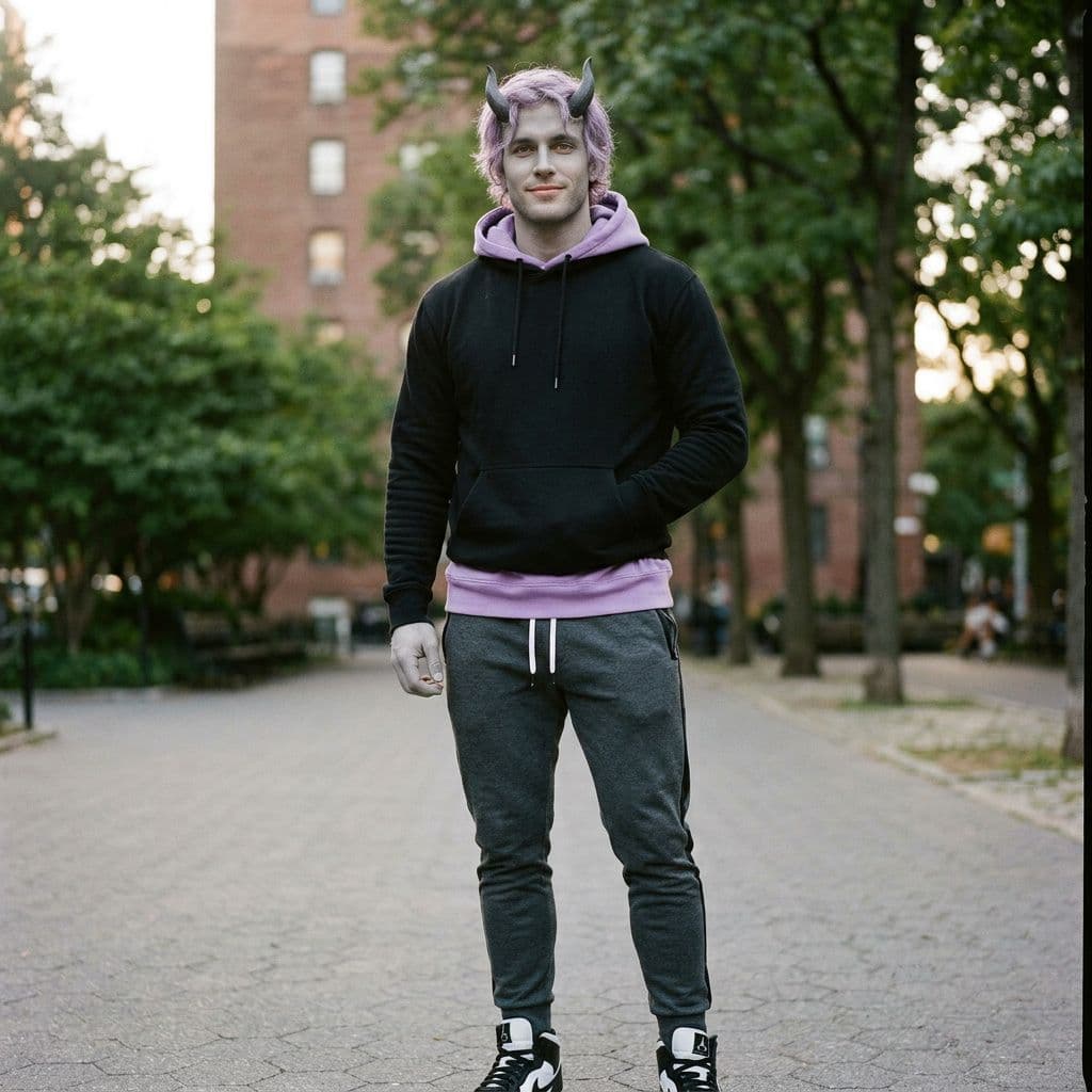AI generated: A muscular attractive man with light grey skin and Light purple hair with grey eyes with lavender an...