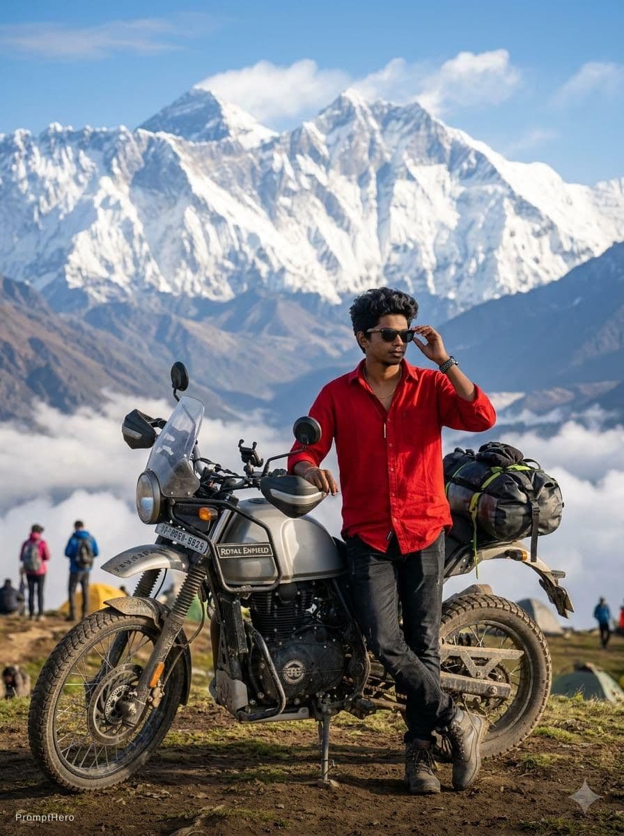 AI generated: On the top of the mountain behind Himalayan bike 
