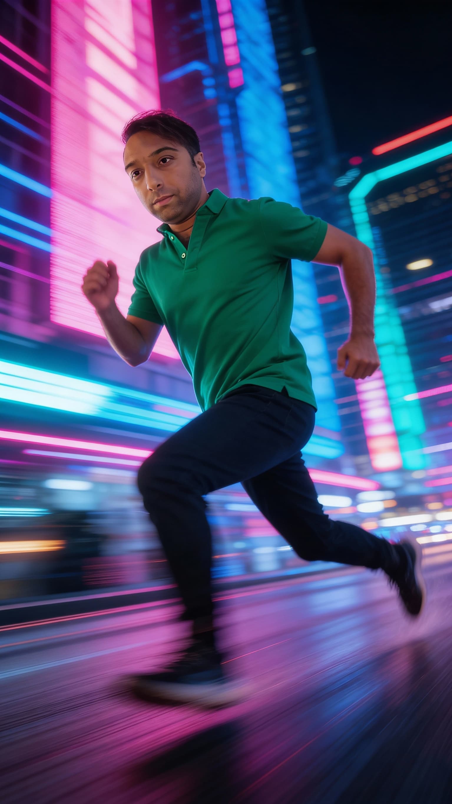 AI generated: A man running quickly with motion blur, in a dynamic composition, in a futuristic city at night, wit...