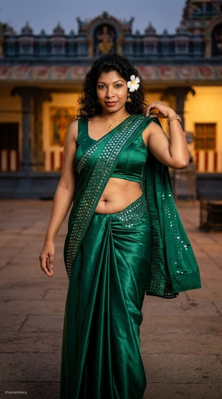 AI generated: Tamil girl. modern sexy glossy mirror saree, wearing saree saree saree model. glossy mirror saree Na...